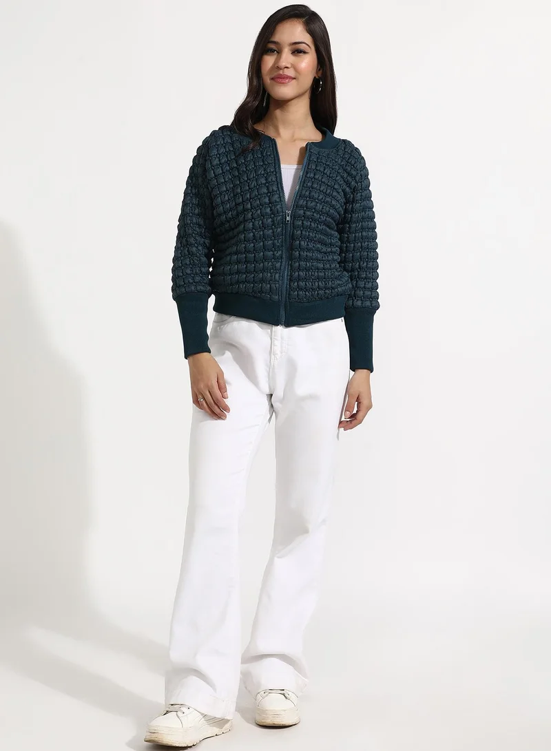 Pinacolada  Women's Teal Blue Creased Ripple Quilted Puffer Jacket for Women | Best Price UAE