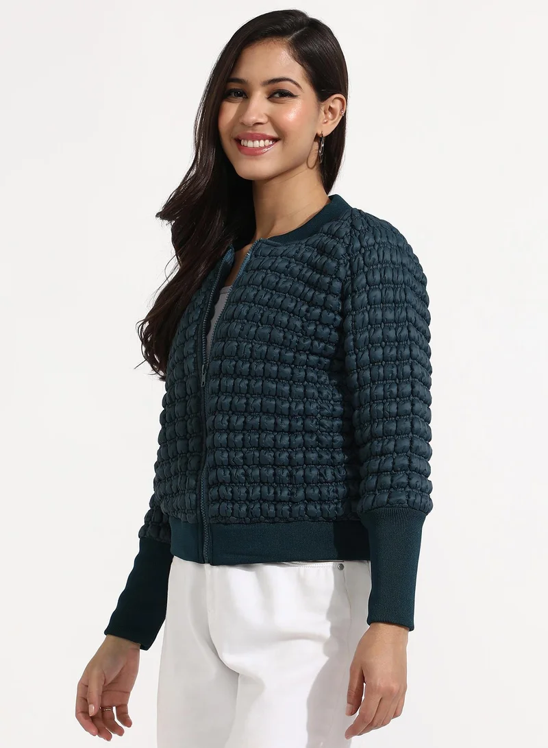 Pinacolada  Women's Teal Blue Creased Ripple Quilted Puffer Jacket for Women | Best Price UAE