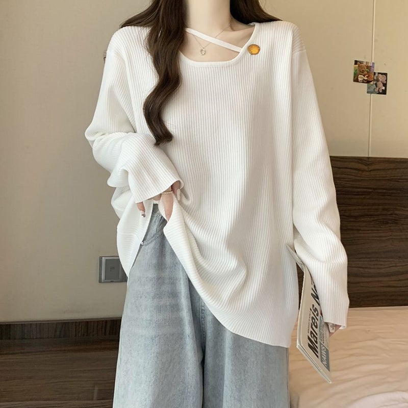 300 Jin plus size Womens Autumn Long Sleeve T-shirt Womens New chubby girl Loose Belly Covering Base Shirt Joker Stitching Top White
