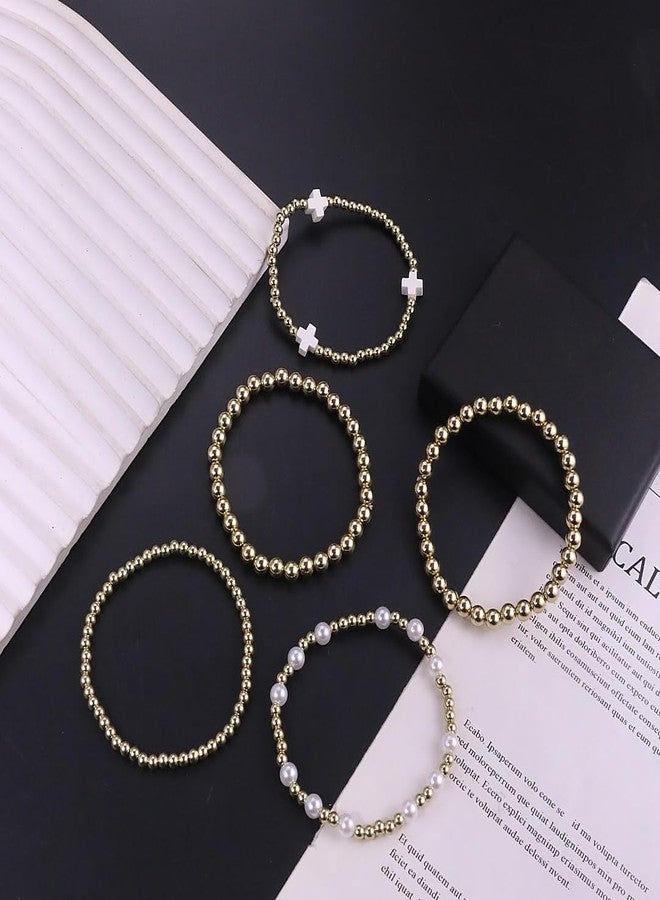 ANGLEQUEEN Gold Bead Bracelets for Women Stackable Beaded Bracelet Set Cross Bow Heart Pearl Beaded Stretch Bracelet Round Bead Ball Pearl Cross Bracelets Boho Prom Jewelry Costume Accessories Trendy Jewelry Gift for Women White Cross Five - Image 5