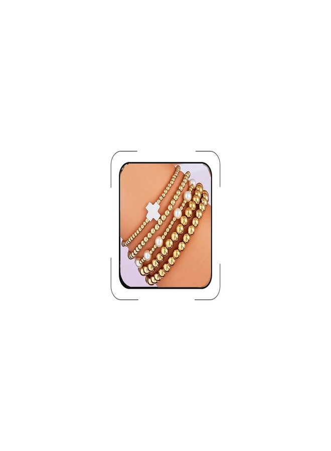 ANGLEQUEEN Gold Bead Bracelets for Women Stackable Beaded Bracelet Set Cross Bow Heart Pearl Beaded Stretch Bracelet Round Bead Ball Pearl Cross Bracelets Boho Prom Jewelry Costume Accessories Trendy Jewelry Gift for Women White Cross Five - Image 1