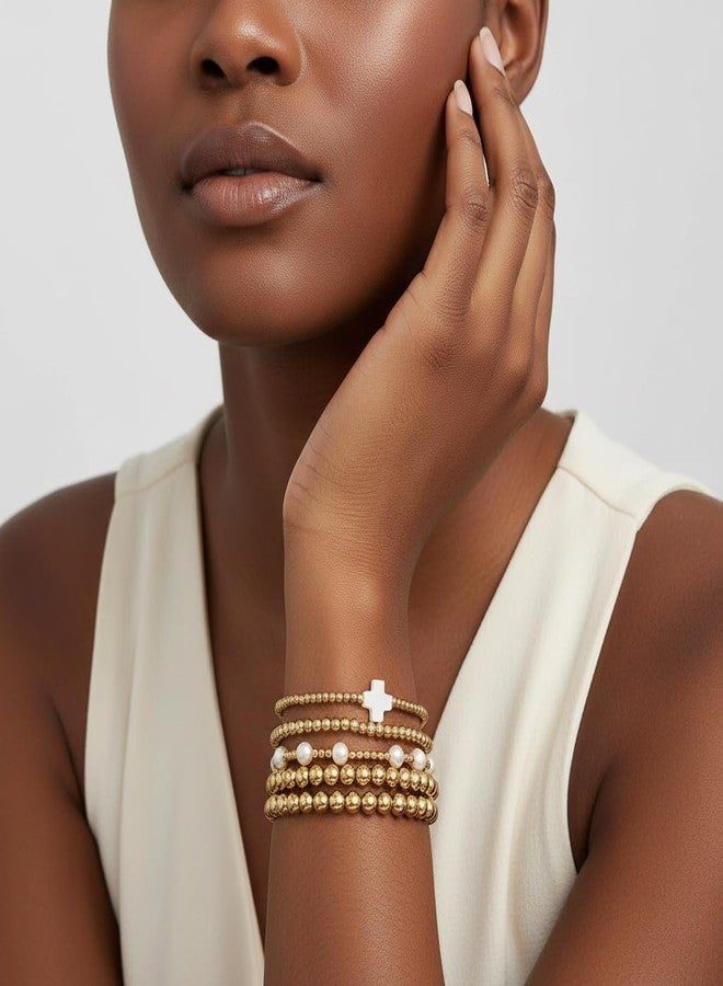 ANGLEQUEEN Gold Bead Bracelets for Women Stackable Beaded Bracelet Set Cross Bow Heart Pearl Beaded Stretch Bracelet Round Bead Ball Pearl Cross Bracelets Boho Prom Jewelry Costume Accessories Trendy Jewelry Gift for Women White Cross Five - Image 4