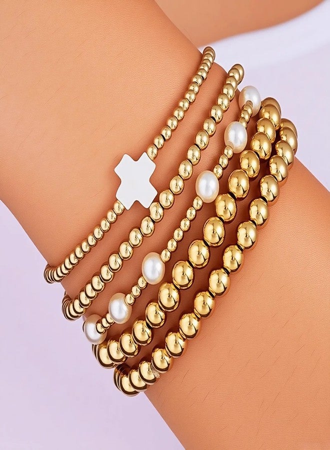ANGLEQUEEN Gold Bead Bracelets for Women Stackable Beaded Bracelet Set Cross Bow Heart Pearl Beaded Stretch Bracelet Round Bead Ball Pearl Cross Bracelets Boho Prom Jewelry Costume Accessories Trendy Jewelry Gift for Women White Cross Five - Image 2