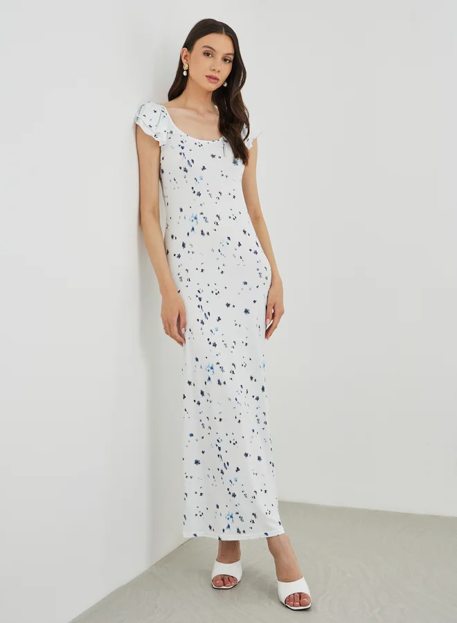 تايك تو Take Two Floral Print Short Sleeve Knit Maxi Dress