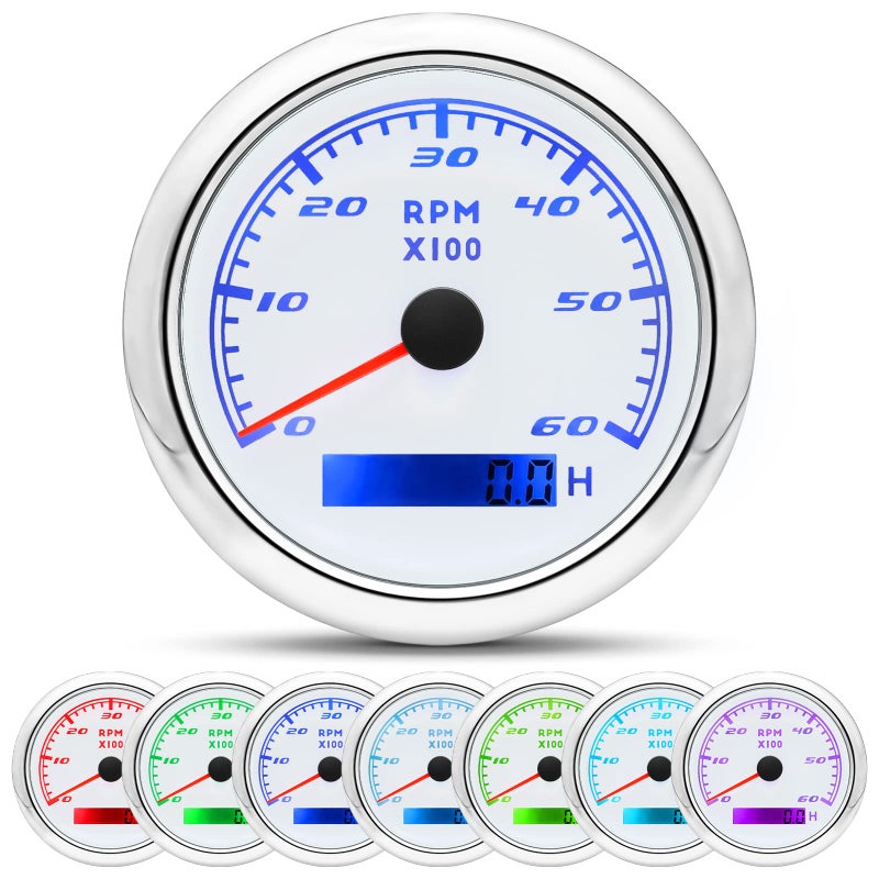 MAIMEIMI Tachometer Gauge 7 Color 06000 RPM Tacho Meter 85mm 3 38 for Auto Boat Marine Vehicle for 110 Cylinder Diesel and Gasoline EngineWhite