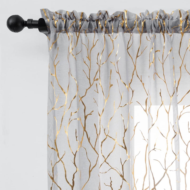 FINECITY Gold Grey Sheer Curtains 63 Inches Length 2 Panels Metallic Gold Foil Tree Branches Pattern Sheer Curtains for Bedroom Rod Pocket Privacy Sheer Window Curtains 52 x 63 Inch