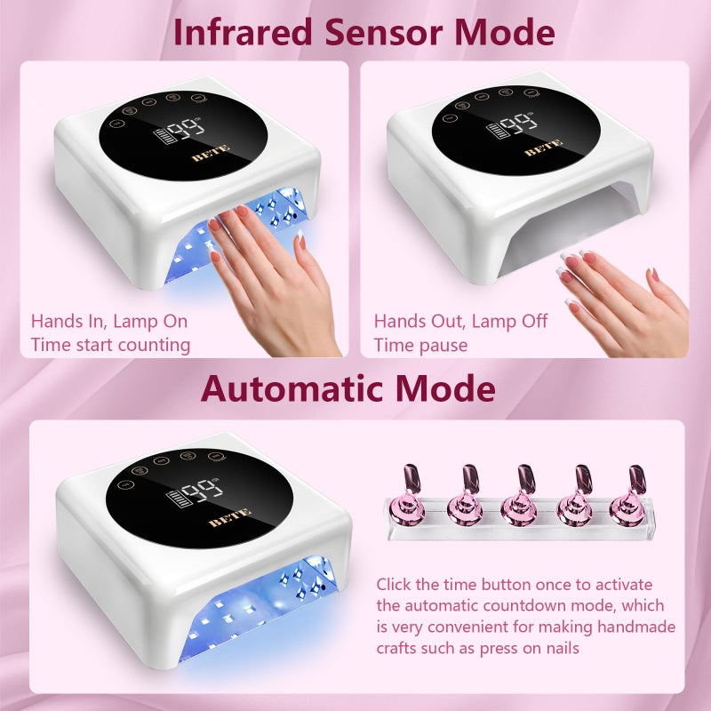 BETE Cordless LED Nail Lamp, 78W Rechargeable UV Nail Light, Intelligent Infrared Sensor and LCD Display Curing Nail Lamp, Portable Nail Dryer Gel Polish Light with 5 Timer Setting White - Image 2