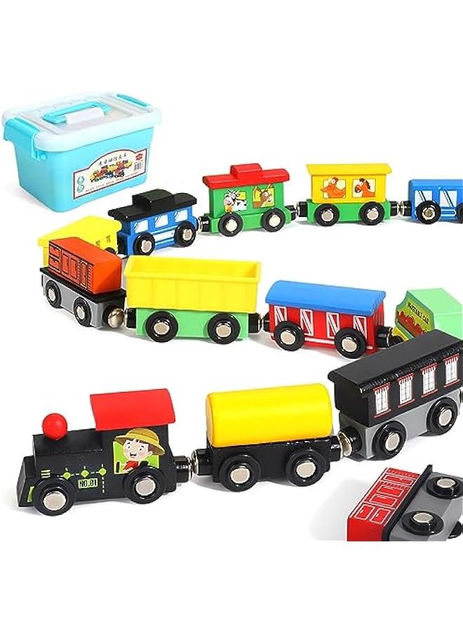 MIXDE 13 PCS Magnetic Wooden Train Sets With Storage Box- Wooden Train Set for Toddlers for Toddlers Kids Boys and Girls, Compatible with Train Set Tracks - Image 1