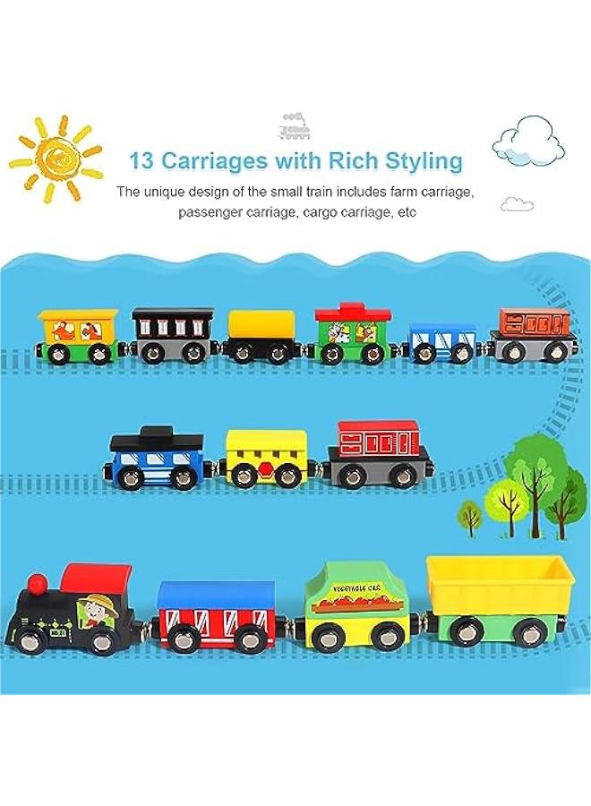 MIXDE 13 PCS Magnetic Wooden Train Sets With Storage Box- Wooden Train Set for Toddlers for Toddlers Kids Boys and Girls, Compatible with Train Set Tracks - Image 5