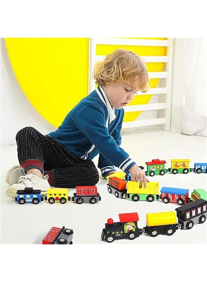 MIXDE 13 PCS Magnetic Wooden Train Sets With Storage Box- Wooden Train Set for Toddlers for Toddlers Kids Boys and Girls, Compatible with Train Set Tracks - Image 1