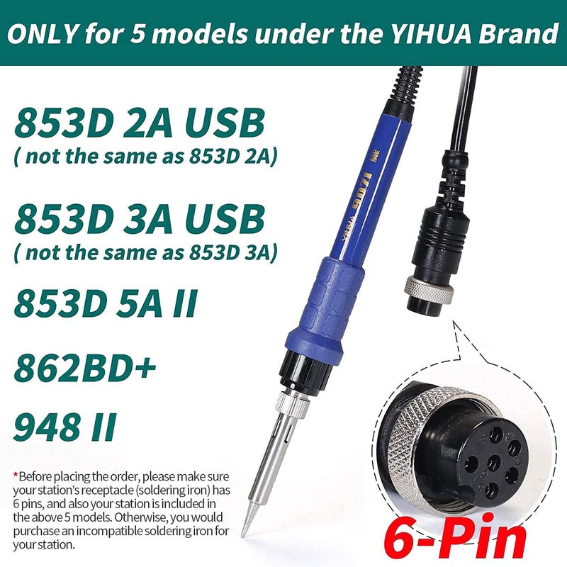 YIHUA 907I Blue Grip Replacement Soldering Iron Handpiece for Yihua 862BD+, 853D 2A USB, 853D 3A USB, and 853D 5A II Models - Image 2