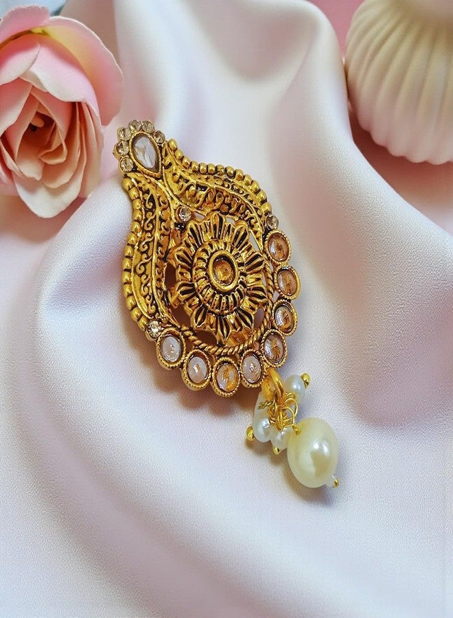 ACCESSHER Women's & Girls Antique Gold-Plated Floral & Pearl Drop Multipurpose Clothing Sewing Brooch & Pin for Dupatta, Chunri Scrafs, Hijab & Saree Pin For Wedding - Image 3