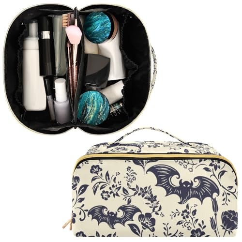 PJGINUIUA Large Capacity Cosmetic Bag Travel Makeup Bags Goth Bats Wide Open Portable Toiletry Bag Make up Organizer Pouch with Handle - Image 3