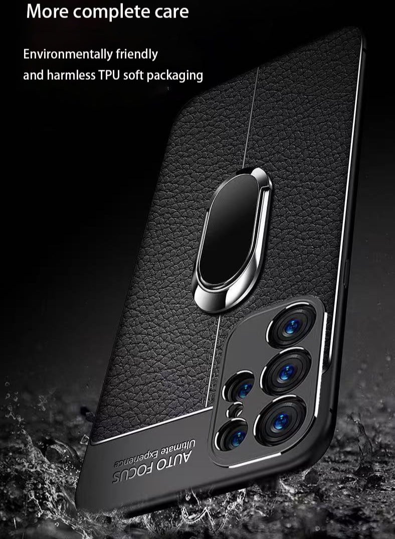 Suitable for Samsung S24ultra mobile phone case, lychee pattern leather pattern finger ring bracket, full anti-drop protective case - Image 4