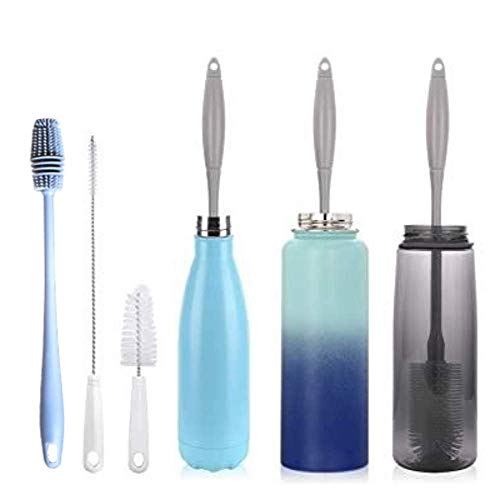 Mummamia Plastic Baby Essentials Long Handle Silicone Bottle Brushes With Straw Brush (Grey, Pack Of 3) - Image 1