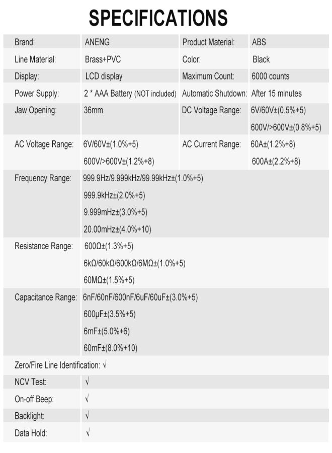 ANENG ST183 6000 Counts Digital AC Current Clamp Meter 600A Automatic Range Multimeter with Backlight Voltage Meter Clamp Gauge NCV Test Clamp Ammeter Universal Meter Tester Measuring Capacitance / - Image 2