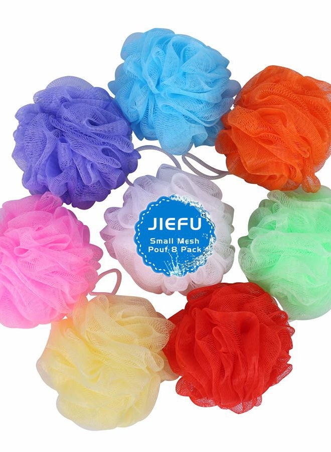 JIEFU Bath Sponges, Small Size Colorful Shower Sponges Exfoliating Mesh Pouf Bath Ball Body Scrubber for Kids Pack of 8 - Image 1