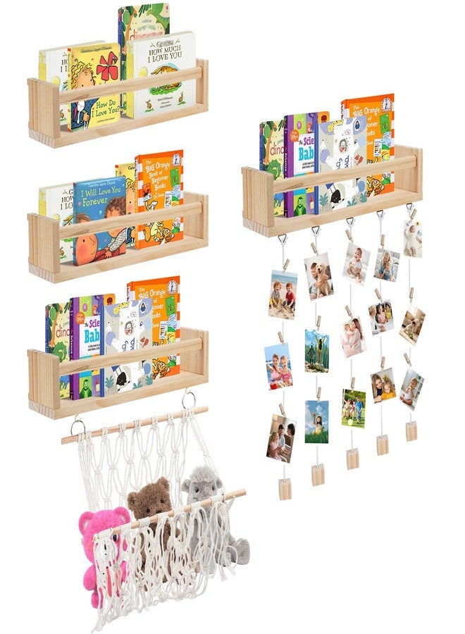 CUGBO Floating Shelves for Wall, 16.5Inch Wall Mounted Bookshelf Set of 4, Nursery Floating Shelf Organizer for Kids Room Bedroom Living Room Decor with Net and Photo Hanging Display - Image 1