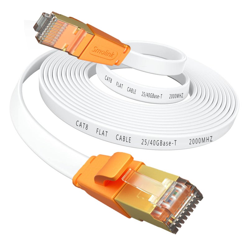 Smolink Ethernet Cable 35 FT Cat 8 Ethernet Cable 2000Mhz 40Gbps Internet Cable Professional Flat LAN Cable SFTP Patch Cord with Gold Plated RJ45 Connector for Router Modem White