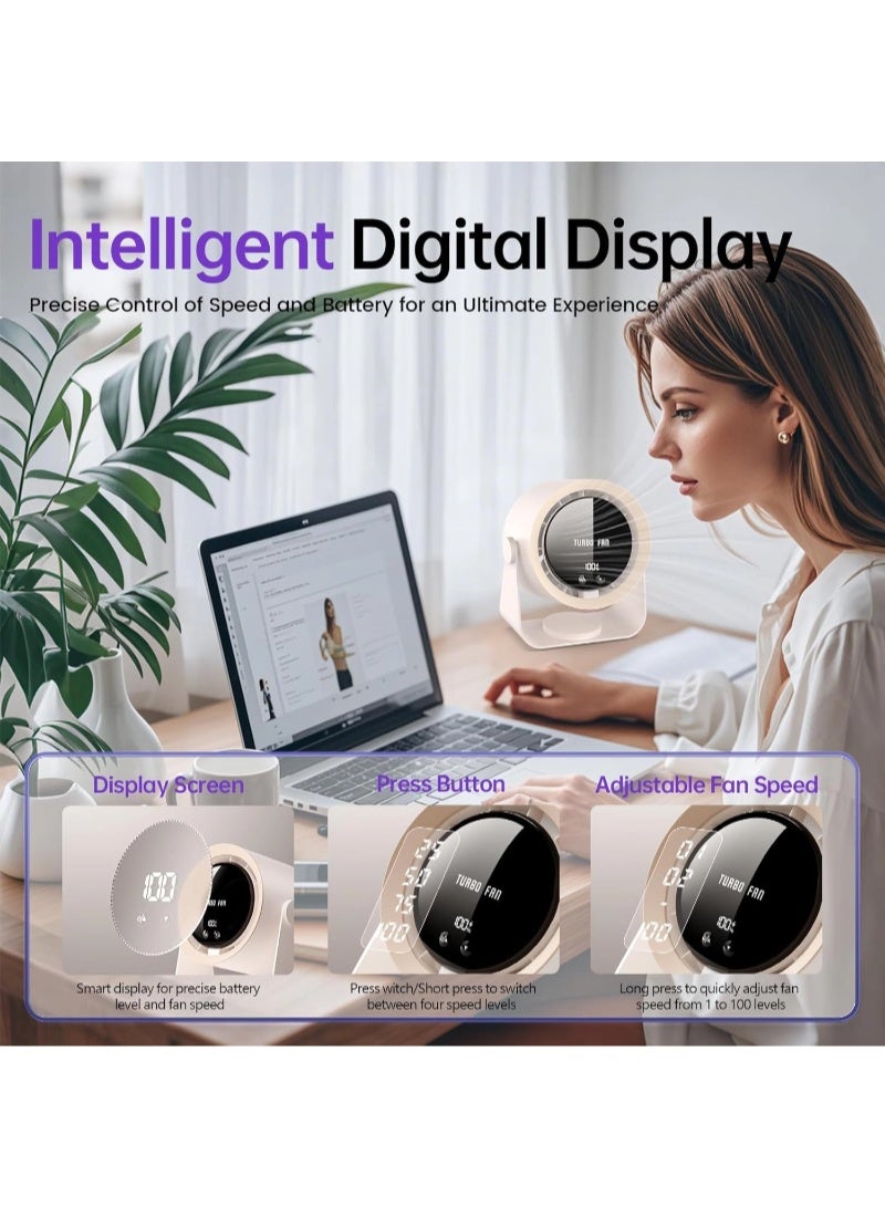 inston Desk Fan, USB Rechargeable Quiet Desktop Fan with 5400mAh Battery & LED Display, Adjustable Speed Control, 90° Tilt Head Hangable Table Fan for Office, Bedroom, Dorm, Kitchen ，Khaki - Image 2