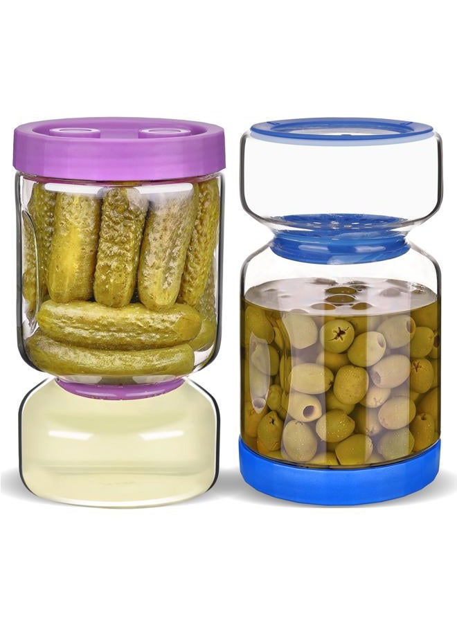 Zens Glass Pickle Jar with Strainer Flip, 2 Pack 51oz Anti-Slip Large Pickle Container, Airtight Hourglass Pickle Juice Separator Canning Jar for Storage Olive, Gherkin, Pickles, Purple&Klein blue - Image 1