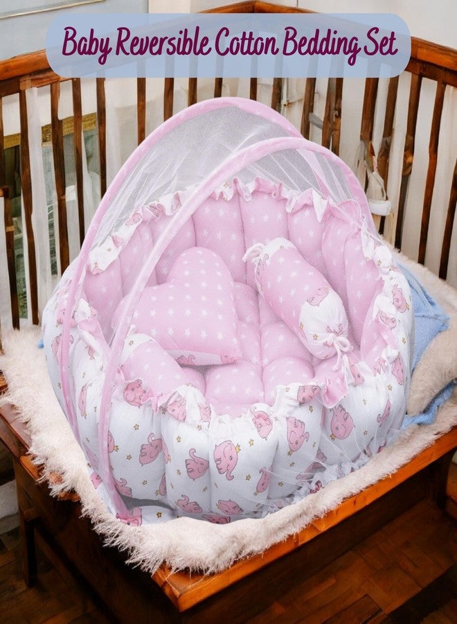 VOIDROP Baby Round Bed with Mosquito Net - Soft Plush Newborn Infant Crib Nest - Portable Baby Bassinet for Sleeping & Playing - Blue Elephant Pattern Cushion & Star Pillow (Pink) - Image 2