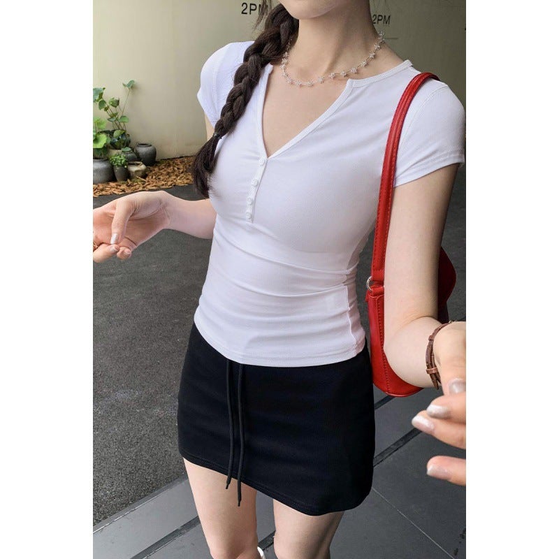 Spot Real S, Chic And Unique Studded V Neck, Right Shoulder, Short-Sleeved T-Shirt For Women, Summer Style, Fashionable And Foreign Style - Image 3