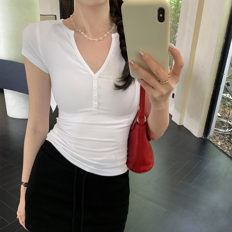 Spot Real S, Chic And Unique Studded V Neck, Right Shoulder, Short-Sleeved T-Shirt For Women, Summer Style, Fashionable And Foreign Style - Image 2