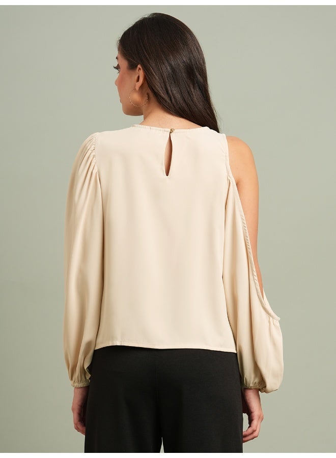 globus Globus Women Cowl Neck Cold Shoulder Bishop Sleeves Solid Pleat Detail Party Top  - Image 3