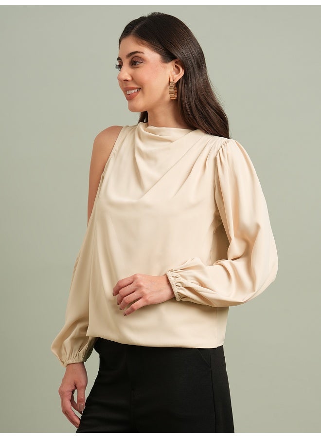 globus Globus Women Cowl Neck Cold Shoulder Bishop Sleeves Solid Pleat Detail Party Top  - Image 2