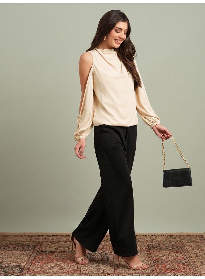 globus Globus Women Cowl Neck Cold Shoulder Bishop Sleeves Solid Pleat Detail Party Top  - Image 5