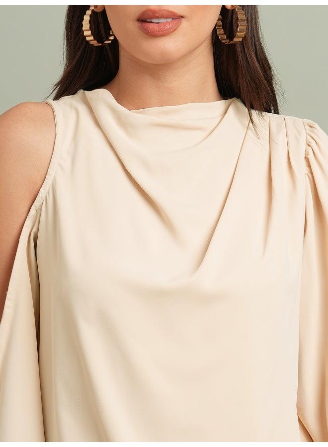 globus Globus Women Cowl Neck Cold Shoulder Bishop Sleeves Solid Pleat Detail Party Top  - Image 4