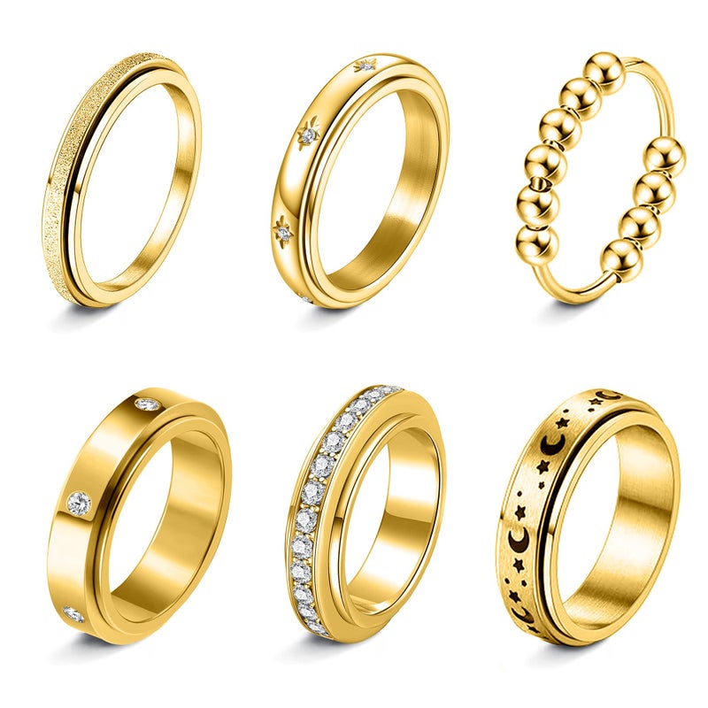 LOFITOR 18K Gold Plated Fidget Rings for Anxiety 6pcs Stainless Steel Spinner Ring Anti Anxiety Ring Spinning Moon Star Cool Stress Relieveing CZ Band Rings Set for Women Men CZ 7 - Image 1