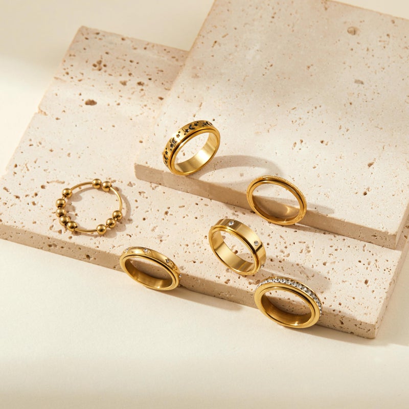 LOFITOR 18K Gold Plated Fidget Rings for Anxiety 6pcs Stainless Steel Spinner Ring Anti Anxiety Ring Spinning Moon Star Cool Stress Relieveing CZ Band Rings Set for Women Men CZ 7 - Image 2
