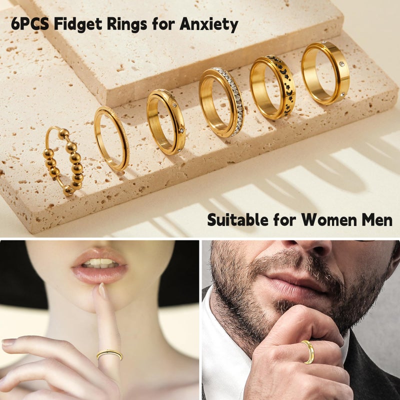 LOFITOR 18K Gold Plated Fidget Rings for Anxiety 6pcs Stainless Steel Spinner Ring Anti Anxiety Ring Spinning Moon Star Cool Stress Relieveing CZ Band Rings Set for Women Men CZ 7 - Image 3