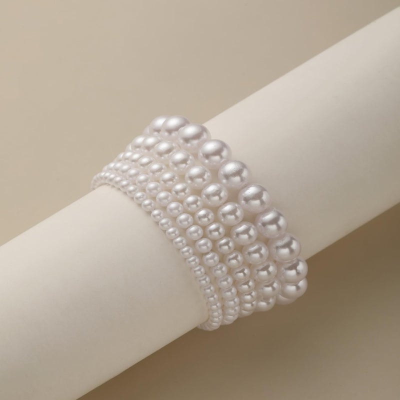 Hremhoo Pearl Bracelets for Women Simulated Pearl Beaded Bracelet White Pearls Stackable Stretch Bracelet Set Multilayered Elastic Pearls Bracelets for Women Bridesmaid Bridal Jewelry (pearl) - Image 5