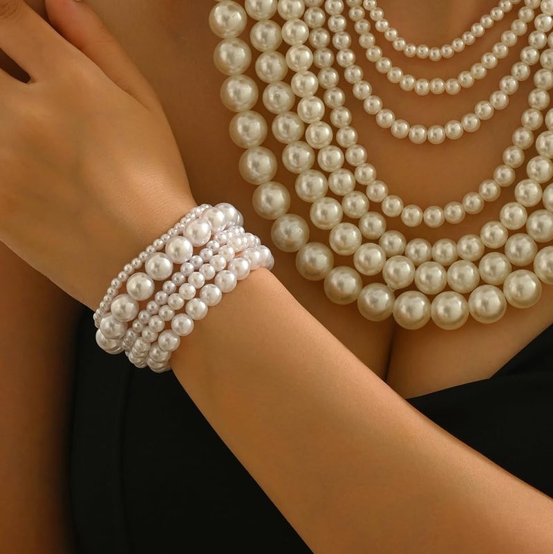 Hremhoo Pearl Bracelets for Women Simulated Pearl Beaded Bracelet White Pearls Stackable Stretch Bracelet Set Multilayered Elastic Pearls Bracelets for Women Bridesmaid Bridal Jewelry (pearl) - Image 2