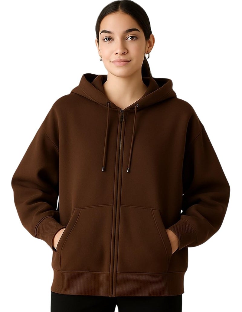 ADBUCKS Women's Oversized Winter Jacket Sweatshirts Casual Drawstring Clothes Zip Up Hoodie with Front Pocket Ii Womens Hoodies Ii (in, Alpha, 4XL, Brown) - Image 5