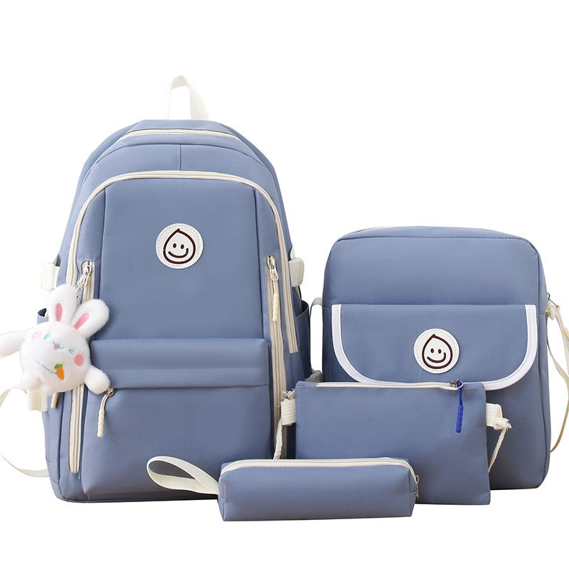 2025 Cross-border New Style Simple Backpack Lightweight Large Capacity Junior High School Schoolbag Korean Casual Backpack Blue four-piece set 