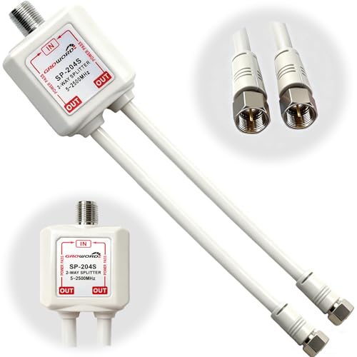 GROWORD 2-Way coaxial Cable Splitter, 5-2500MHz CATV Splitter with 6” RG6 Coaxial Cable and 2 Coax Connectors, for Pass Power to LNB, Improve TV Satellite Antenna Signal Quality, Corrosion Resistant - Image 1