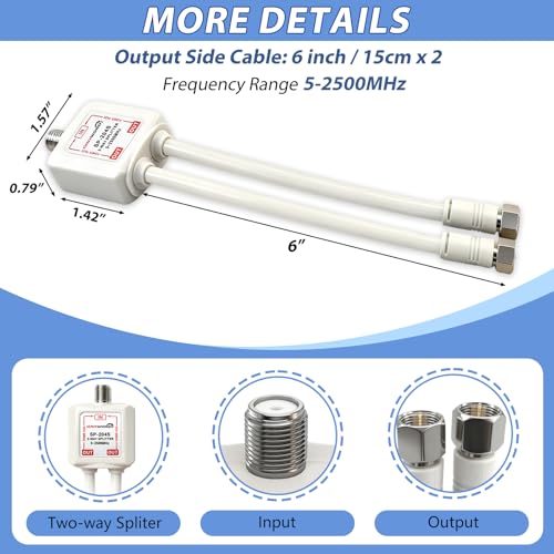 GROWORD 2-Way coaxial Cable Splitter, 5-2500MHz CATV Splitter with 6” RG6 Coaxial Cable and 2 Coax Connectors, for Pass Power to LNB, Improve TV Satellite Antenna Signal Quality, Corrosion Resistant - Image 2