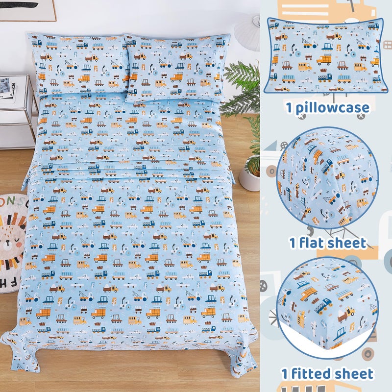 Viviland 3 Pieces Boys Blue Truck Twin Sheet Set - Soft Microfiber Fitted Flat Sheets & Pillowcase - Construction Truck Bedding Sets - for Kids & Toddlers - Image 2