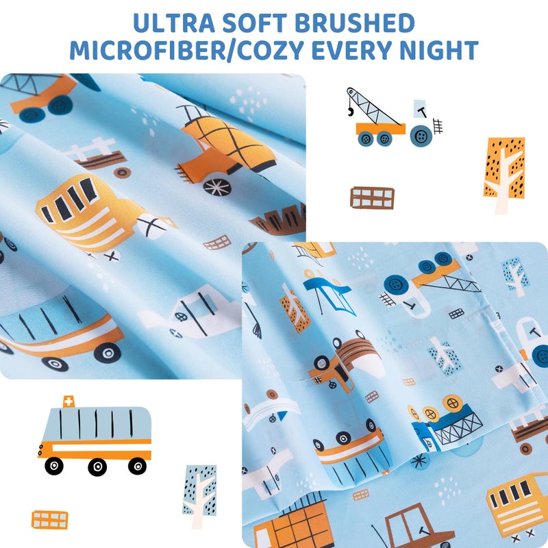Viviland 3 Pieces Boys Blue Truck Twin Sheet Set - Soft Microfiber Fitted Flat Sheets & Pillowcase - Construction Truck Bedding Sets - for Kids & Toddlers - Image 4