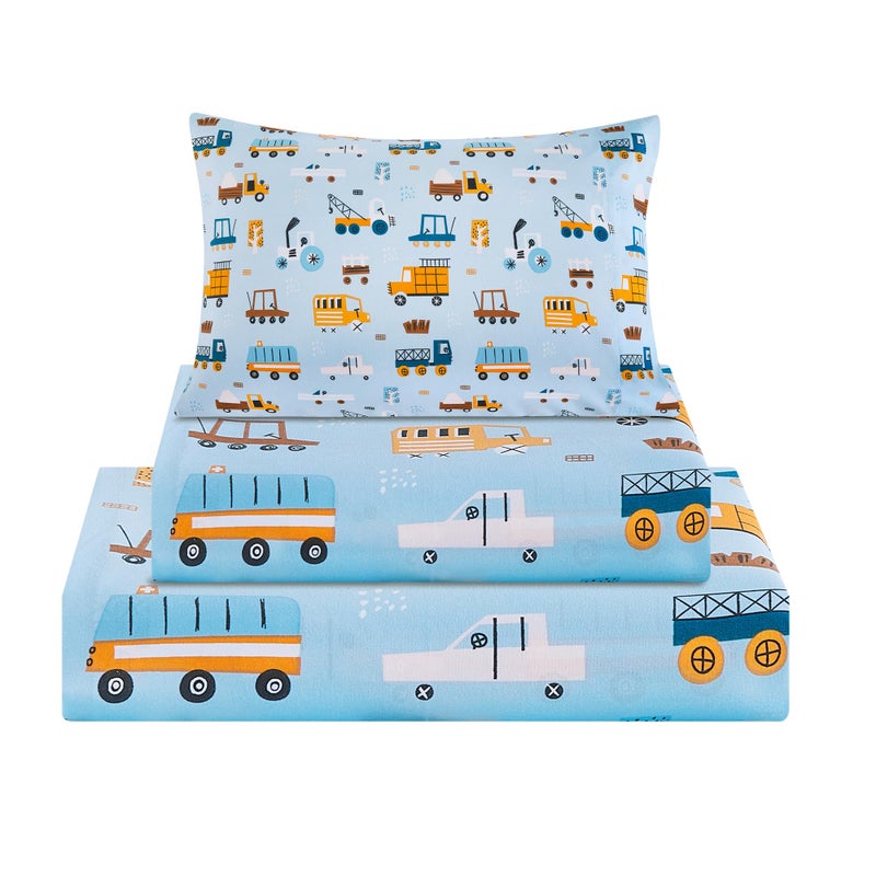 Viviland 3 Pieces Boys Blue Truck Twin Sheet Set - Soft Microfiber Fitted Flat Sheets & Pillowcase - Construction Truck Bedding Sets - for Kids & Toddlers - Image 1