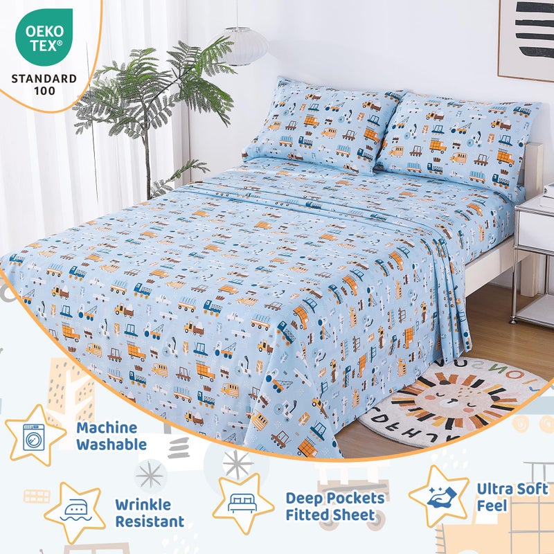 Viviland 3 Pieces Boys Blue Truck Twin Sheet Set - Soft Microfiber Fitted Flat Sheets & Pillowcase - Construction Truck Bedding Sets - for Kids & Toddlers - Image 3