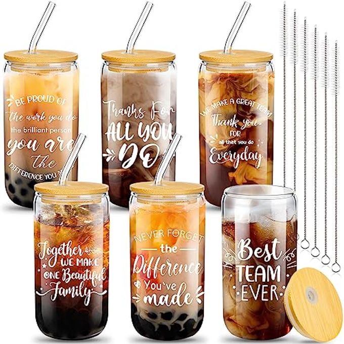 6 SET EMPLOYEES APPRECIATION GIFTS APPRECIATION WEEK GIFTS BULK THANK YOU TEAM COWORKERS STAFF TEACHER 16OZ CAN BEER GLASS CUP WITH LIDS STRAWS BRUSHESMODERN STYLE
