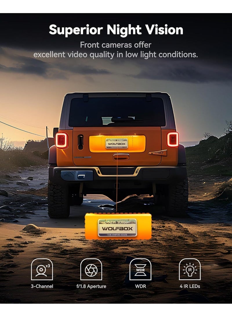 وولف بوكس كاميرا وولفبوكس i17 4K ثلاثية القنوات للسيارة، مزودة بتقنية واي فاي 5.8 جيجاهرتز ونظام تحديد المواقع العالمي (GPS) مع بطاقة ذاكرة 64 جيجابايت، كاميرا أمامية وخلفية داخلية بدقة 4K+1080P+1080P، كاميرا ثلاثية للسيارة مع شاشة 3 بوصة، رؤية ليلية بالأشعة تحت الحمراء، نطاق ديناميكي واسع (WDR)، وضع ركن السيارة على مدار 24 ساعة - Image 2