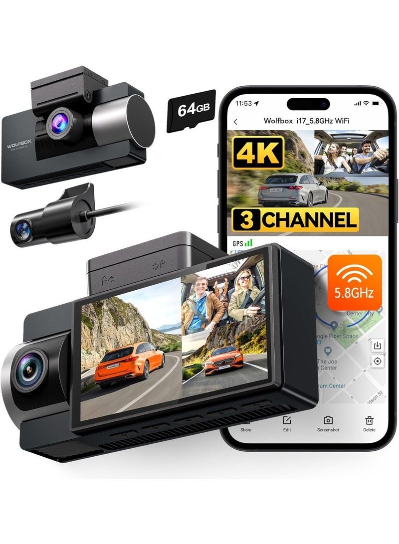 وولف بوكس كاميرا وولفبوكس i17 4K ثلاثية القنوات للسيارة، مزودة بتقنية واي فاي 5.8 جيجاهرتز ونظام تحديد المواقع العالمي (GPS) مع بطاقة ذاكرة 64 جيجابايت، كاميرا أمامية وخلفية داخلية بدقة 4K+1080P+1080P، كاميرا ثلاثية للسيارة مع شاشة 3 بوصة، رؤية ليلية بالأشعة تحت الحمراء، نطاق ديناميكي واسع (WDR)، وضع ركن السيارة على مدار 24 ساعة - Image 1