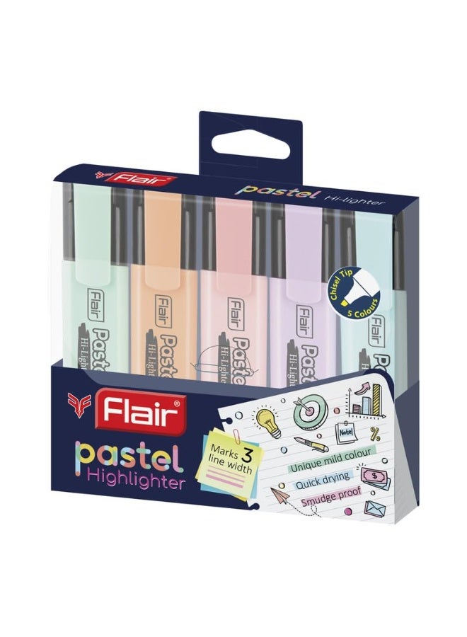FLAIR Pastel 5 Shades Hi-lighter Pouch Pack | Flexible Line Width | Quick Drying & Smudge Proof Pastel Ink | Non-Toxic Ink, Safe For Childrens | 5 Smoothing Colors, Pack of 1 - Image 3