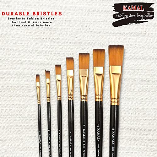 KAMAL Flat Golden Black Artist Painting Brush Taklon/Synthetic Brush for Oil, Nail, Artist Acrylic Painting ,Set of 7(Wooden Handle ,Synthetic Bristles) - Image 4
